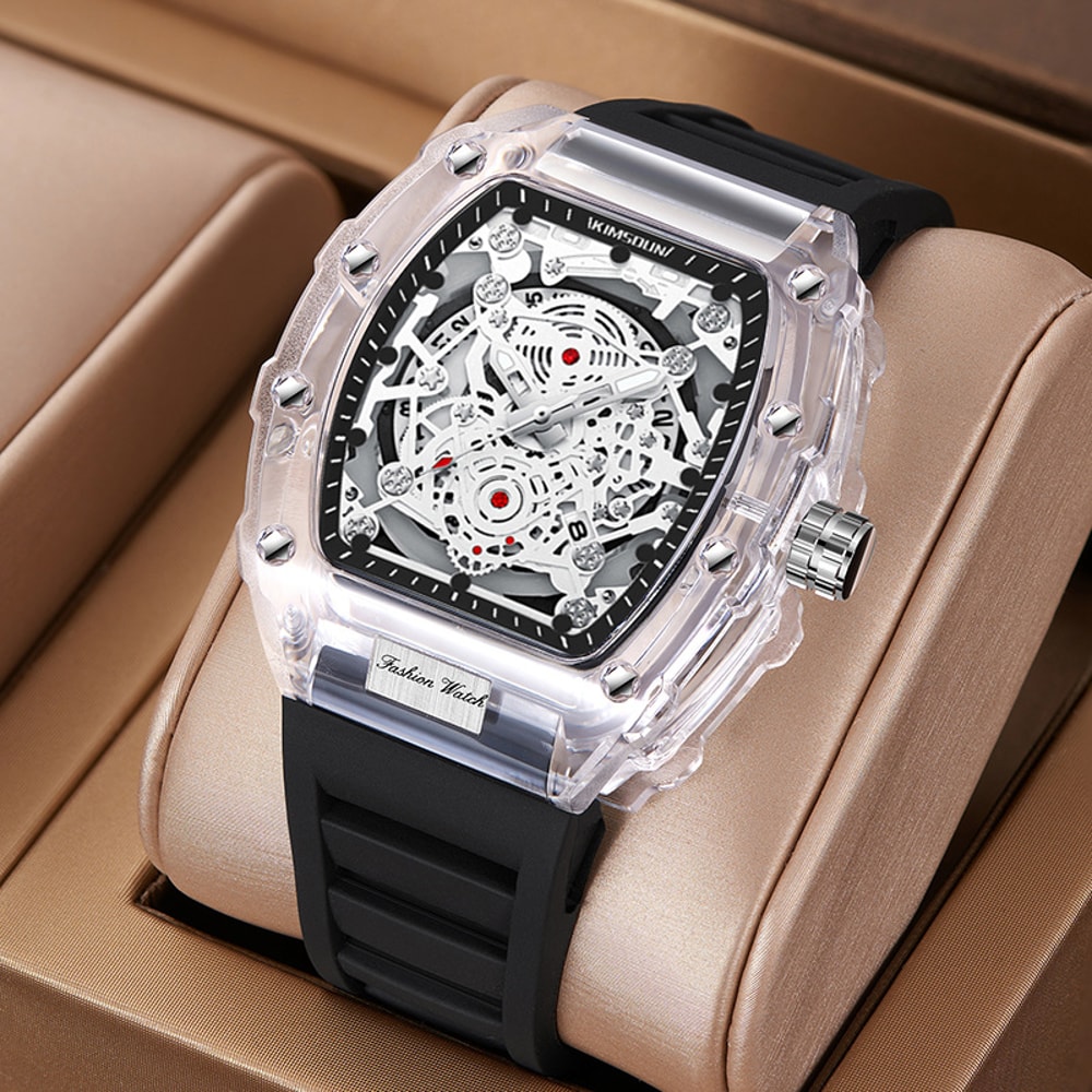 Barrel Shaped Transparent Quartz Watch for Men Waterproof Sport Luxury Wristwatch