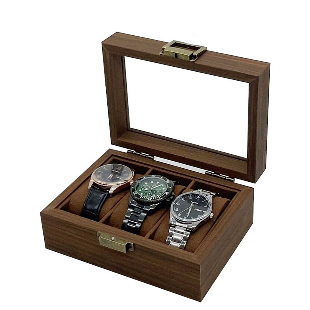 Wooden Watch Box Dark Walnut Display Case With Velvet Interior Organizer 0