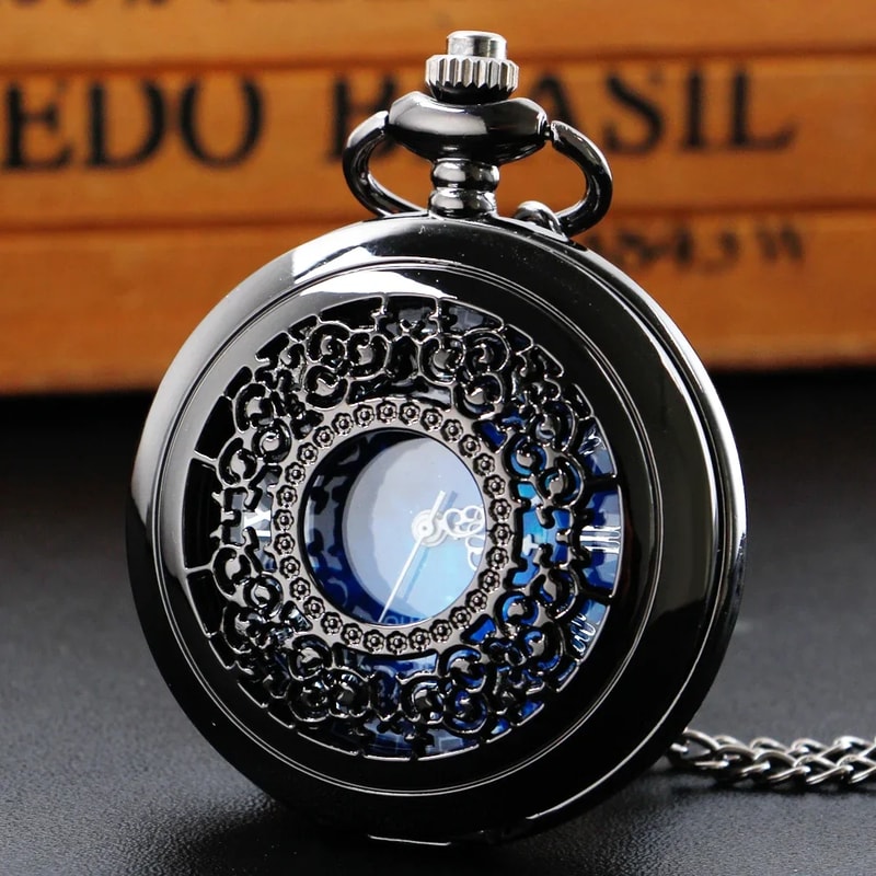 Vintage Blue Dial Pocket Watch Necklace Quartz Antique Pendant Timepiece 1