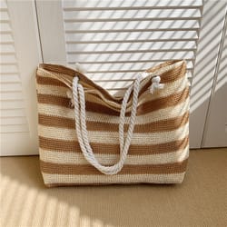 large capacity straw beach tote bag color contrast summer shoulder handbag for women