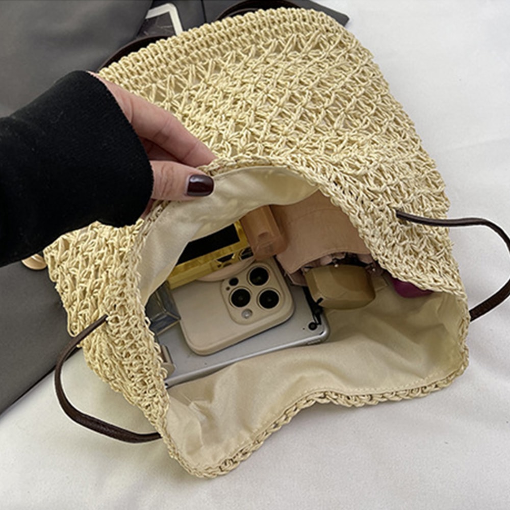 Elegant Straw Backpack For Women Woven Summer Shoulder Bag With PU Leather Accents 6