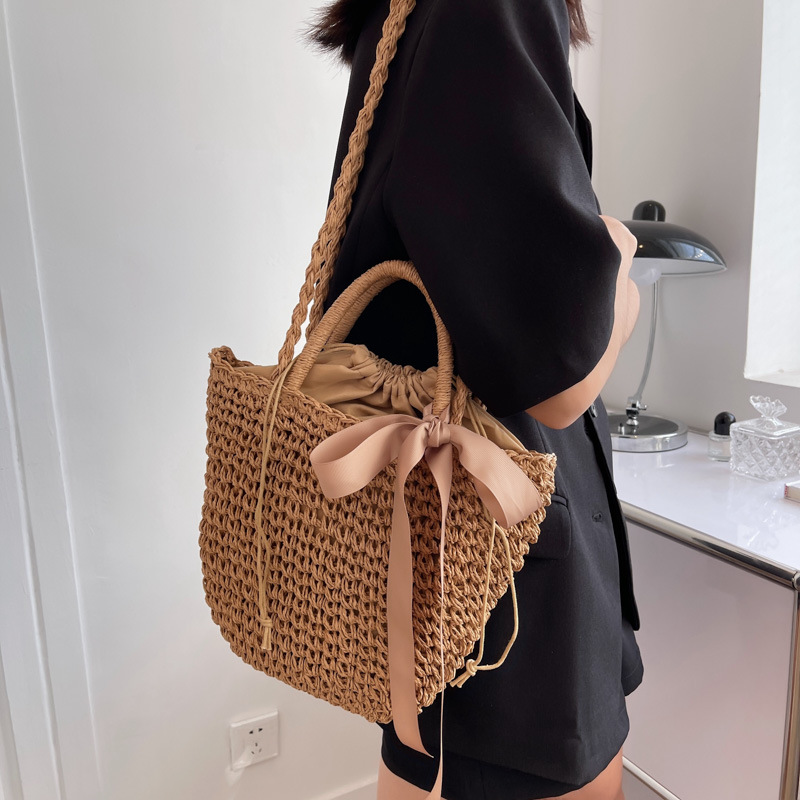 Handmade Straw Beach Bag Bucket Shoulder Purse with Bow Summer Travel Tote