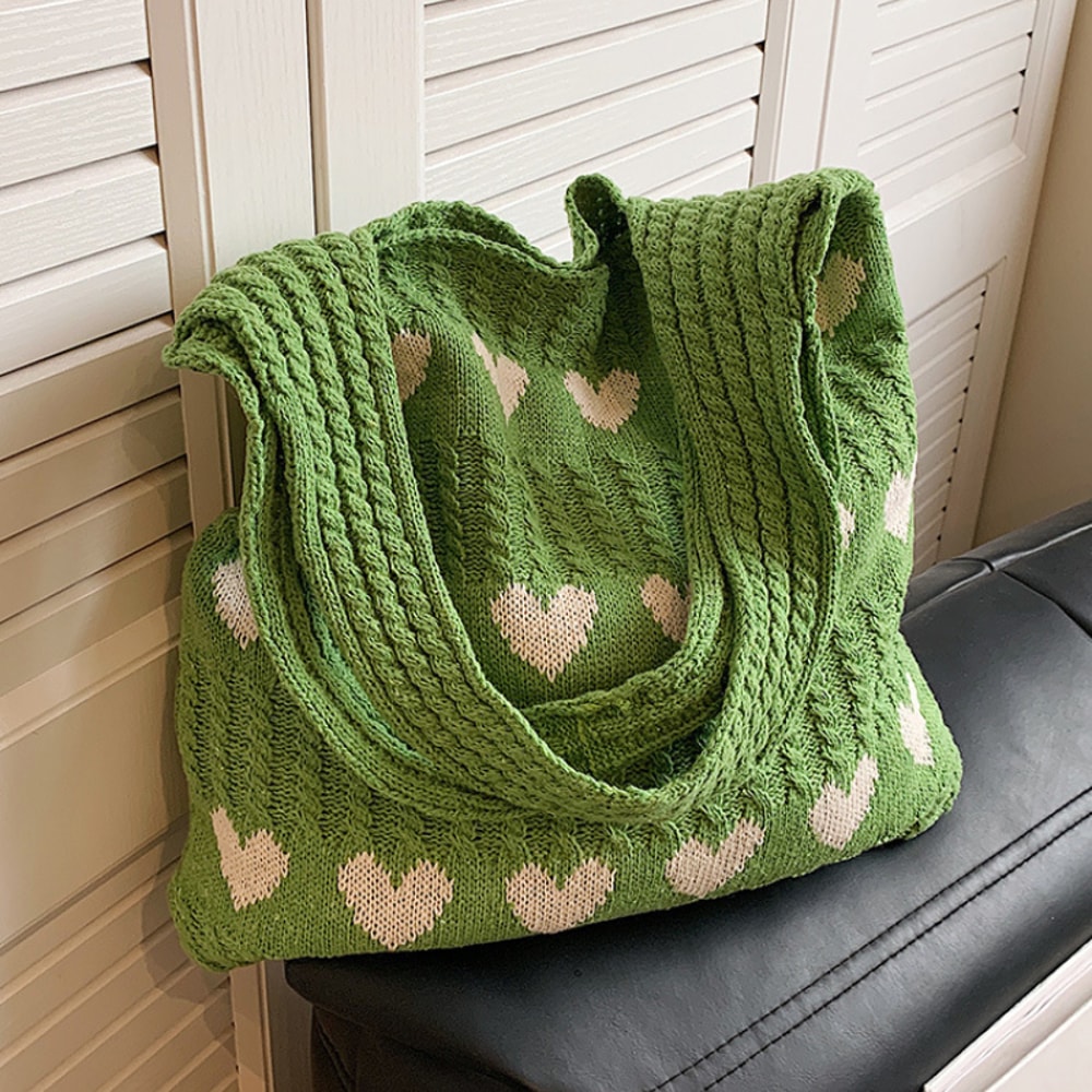Heart Shape Knitted Tote Bag Handmade Woven Shoulder Crossbody Purse
