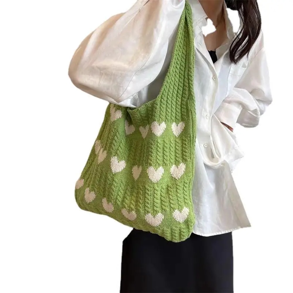 Heart Shape Knitted Tote Bag Handmade Woven Shoulder Crossbody Purse