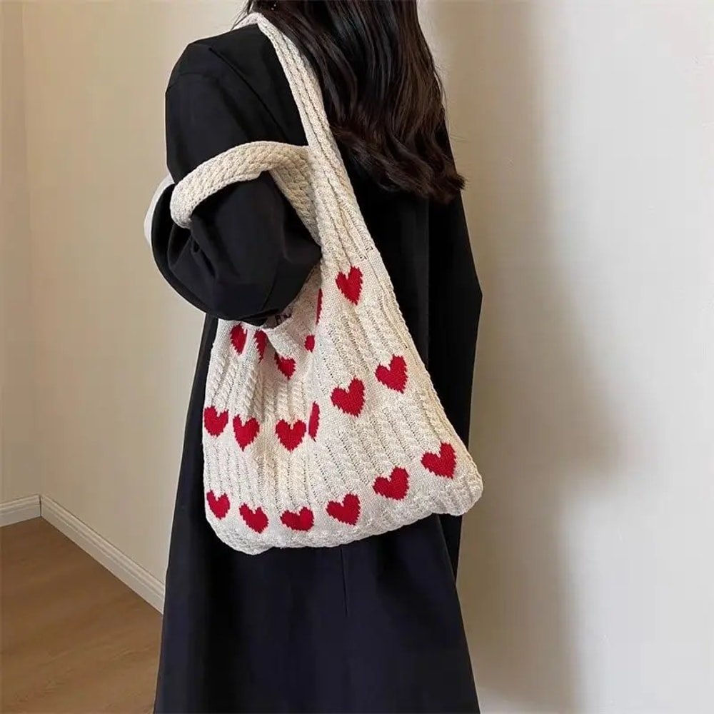 Heart Shape Knitted Tote Bag Handmade Woven Shoulder Crossbody Purse
