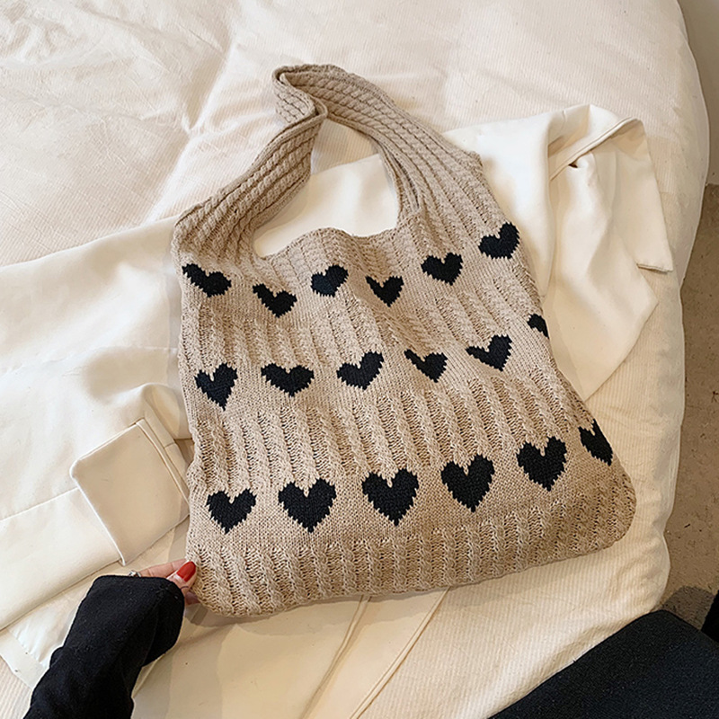 Heart Shape Knitted Tote Bag Handmade Woven Shoulder Crossbody Purse
