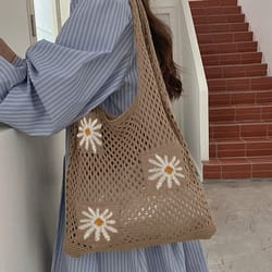 floral crochet tote bag for women cute knitted shoulder handbag for daily use