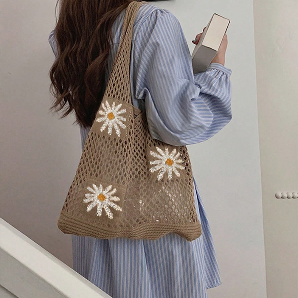 Floral Crochet Tote Bag for Women Cute Knitted Shoulder Handbag for Daily Use