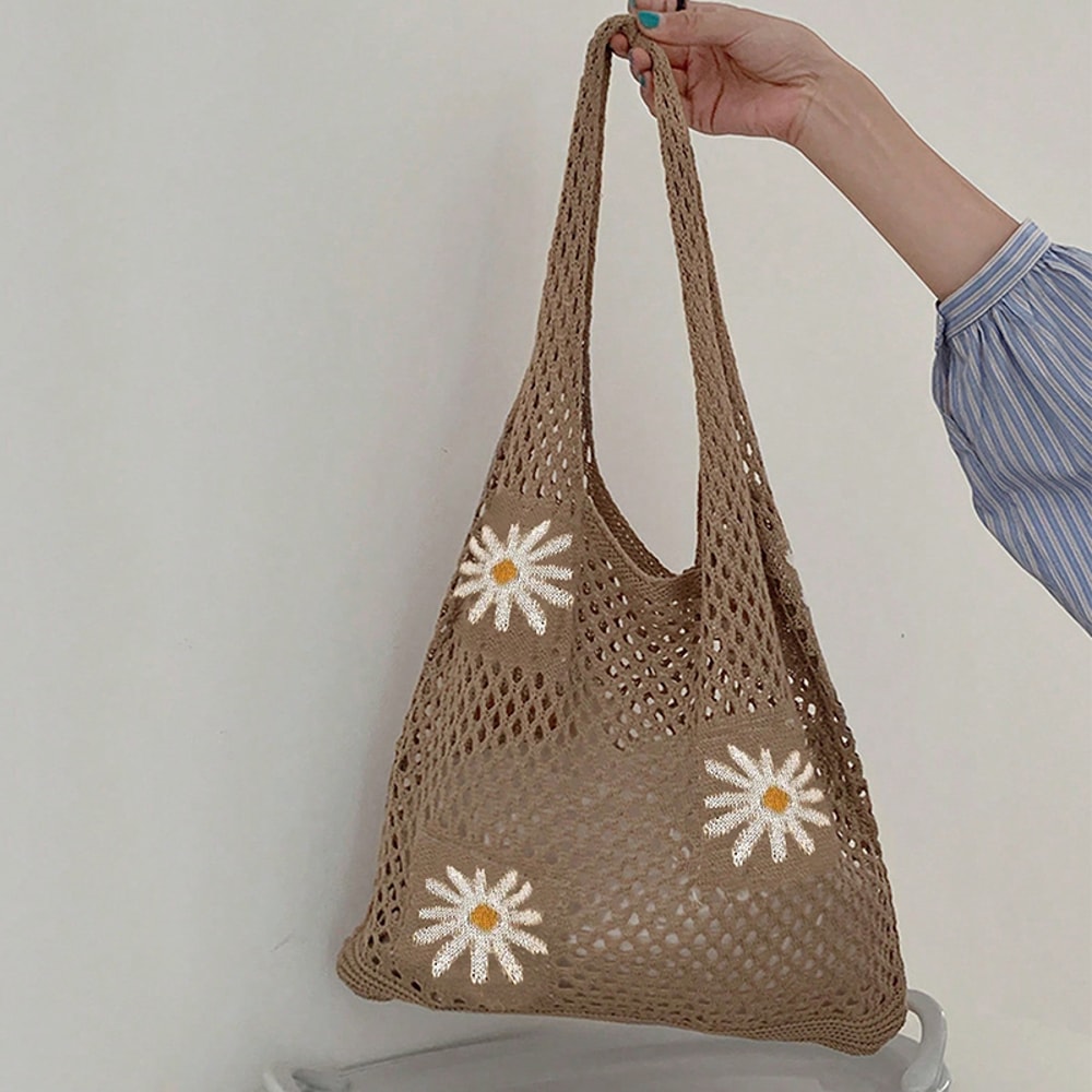 Floral Crochet Tote Bag for Women Cute Knitted Shoulder Handbag for Daily Use