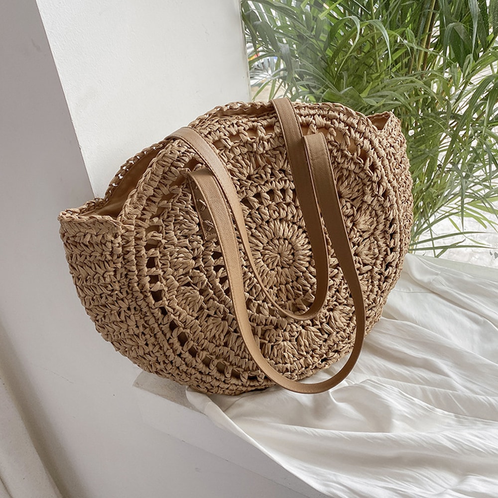 Summer Round Straw Bag Handmade Rattan Beach Tote Large Capacity Shoulder Bag