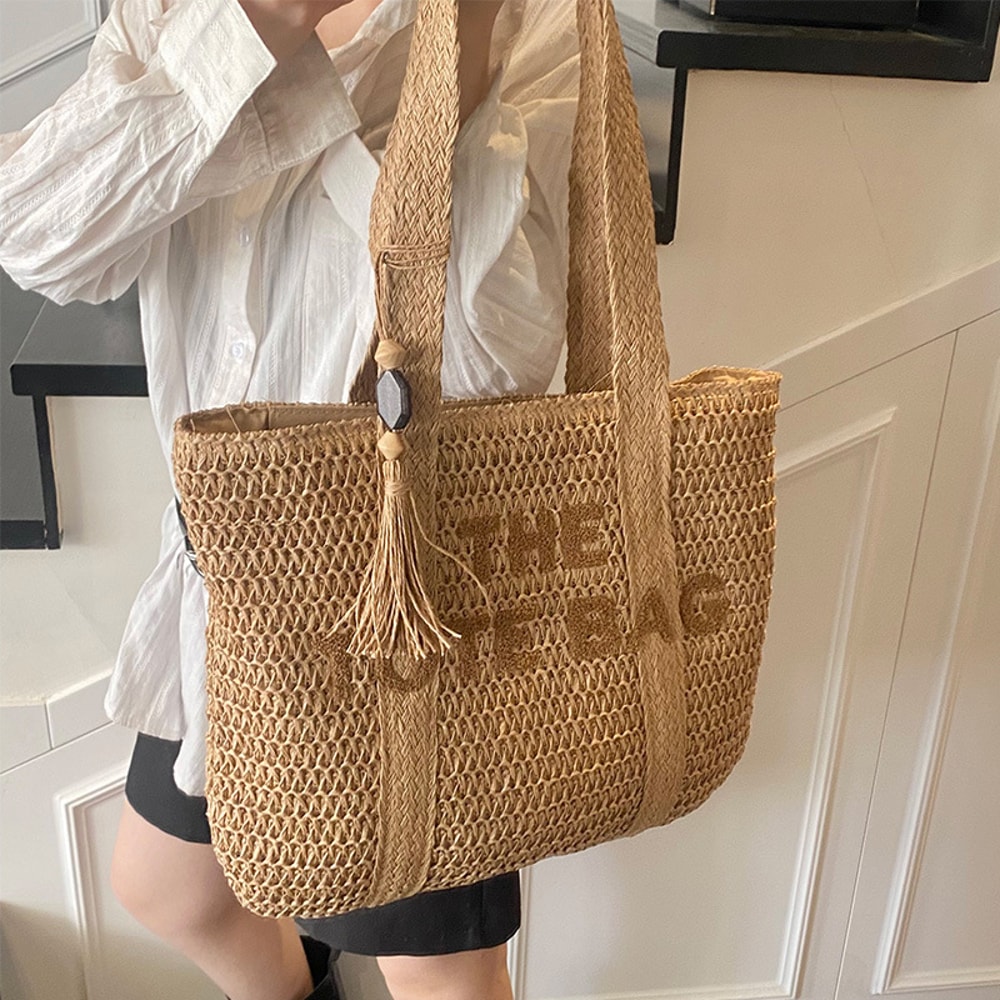 French Style Large Capacity Straw Beach Tote Bag Chic Woven Shoulder Bag For Women 1