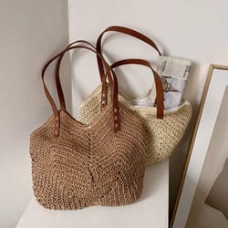 large capacity straw woven beach tote bag handmade summer shoulder handbag