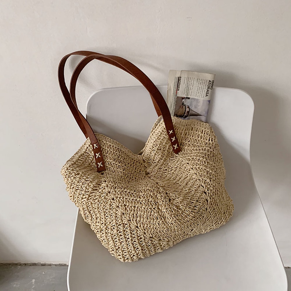 Large Capacity Straw Woven Beach Tote Bag Handmade Summer Shoulder Handbag 5