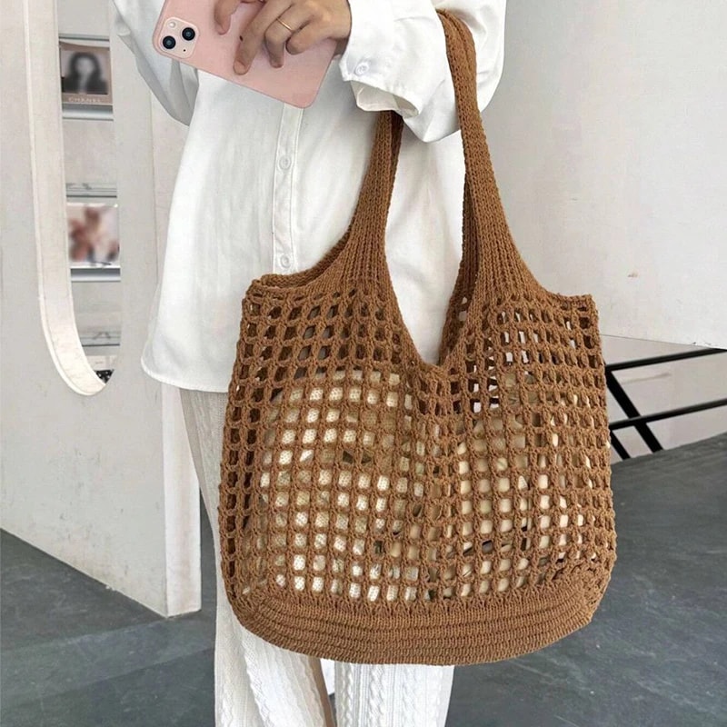 Boho Crochet Beach Tote Bag Lightweight Straw Shoulder Handbag for Summer