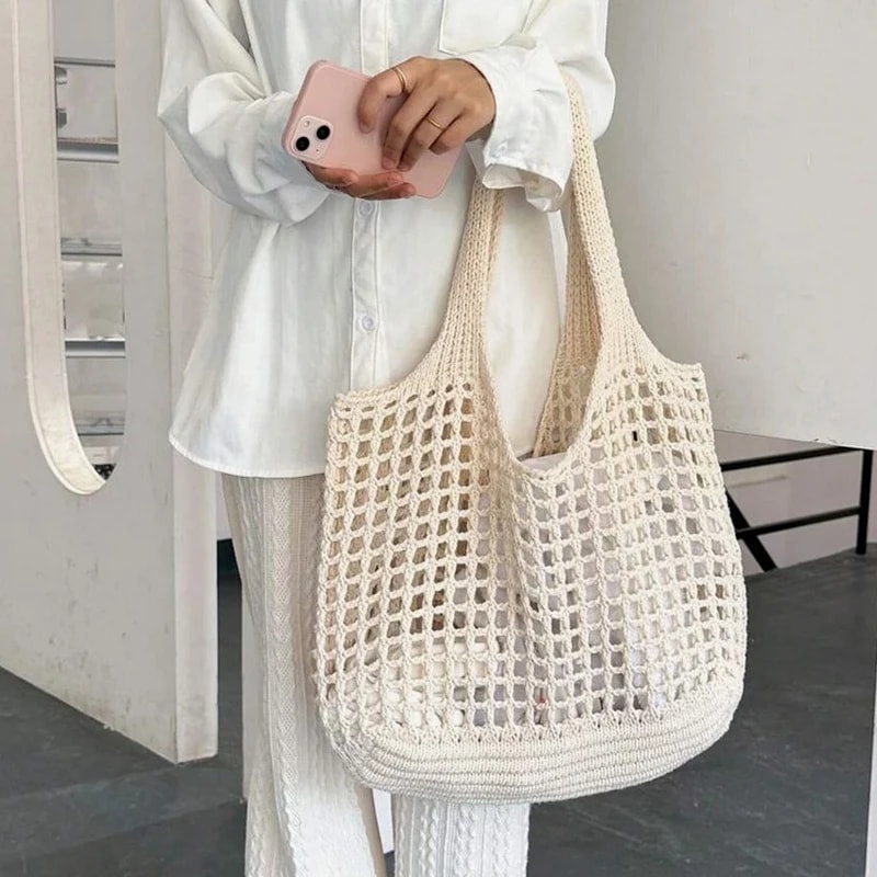 Boho Crochet Beach Tote Bag Lightweight Straw Shoulder Handbag for Summer