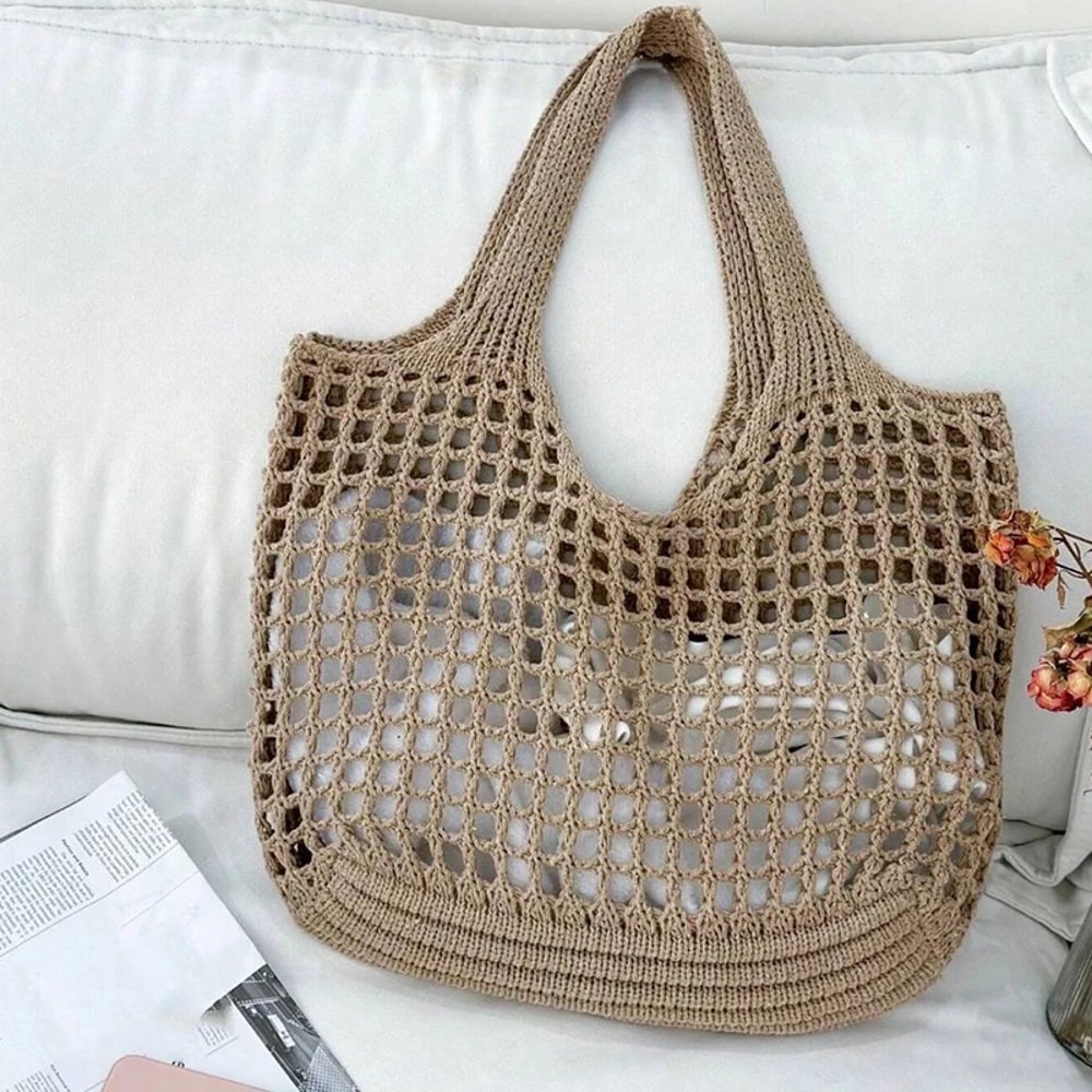Boho Crochet Beach Tote Bag Lightweight Straw Shoulder Handbag for Summer