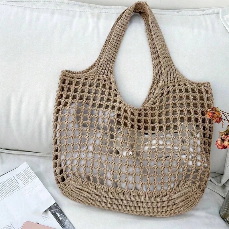 Boho Crochet Beach Tote Bag Lightweight Straw Shoulder Handbag for Summer