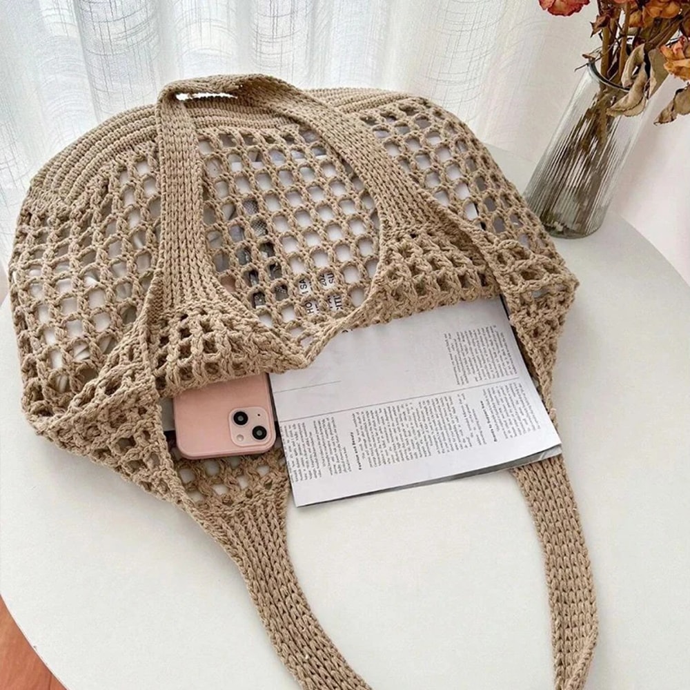 Boho Crochet Beach Tote Bag Lightweight Straw Shoulder Handbag for Summer