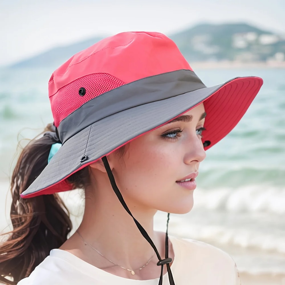 Womens Wide Brim Sun Hat With Ponytail Hole Breathable Waterproof Summer Beach Hat 1