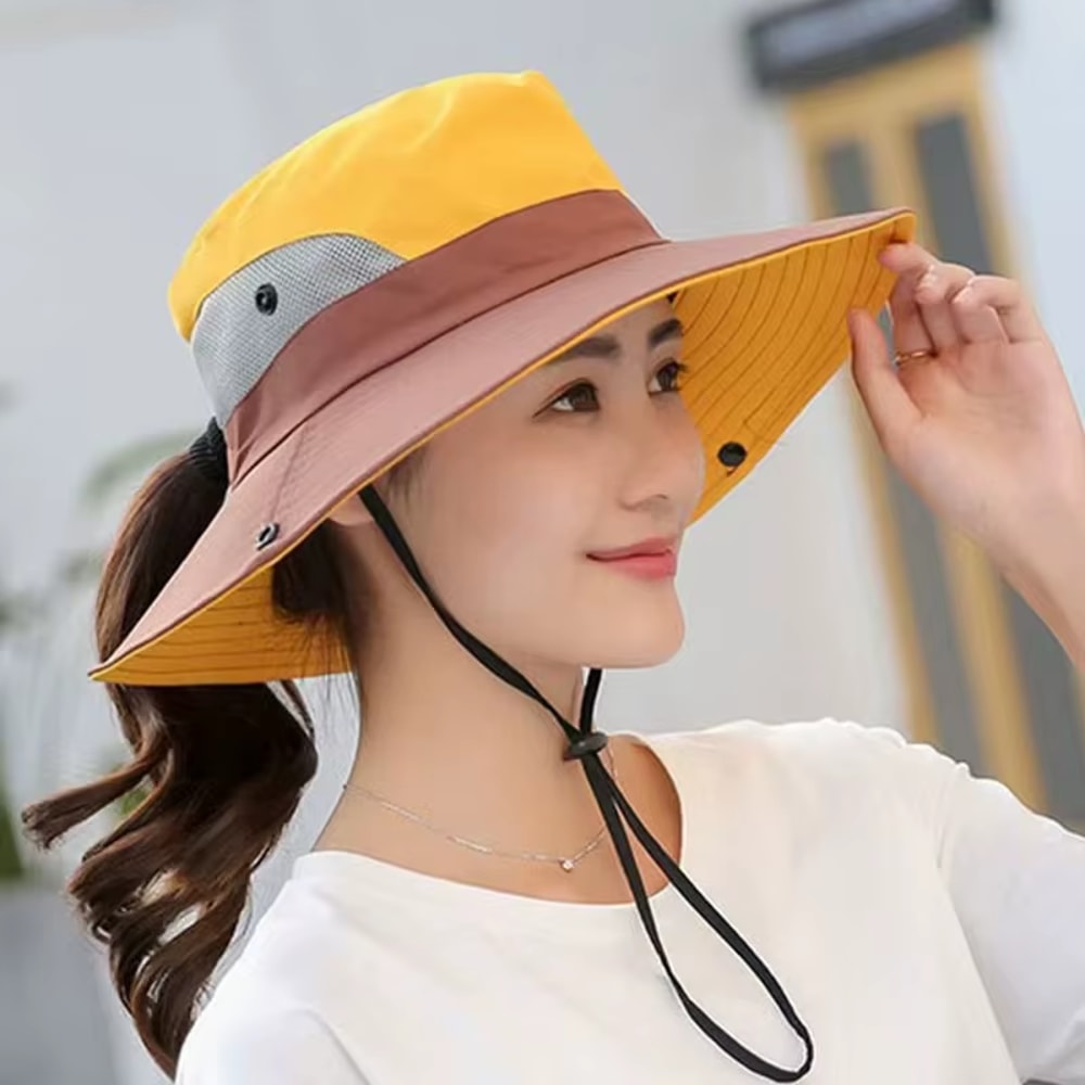 Womens Wide Brim Sun Hat With Ponytail Hole Breathable Waterproof Summer Beach Hat 8
