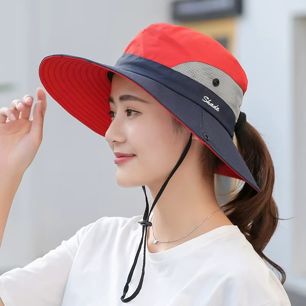 Womens Wide Brim Sun Hat With Ponytail Hole Breathable Waterproof Summer Beach Hat 0