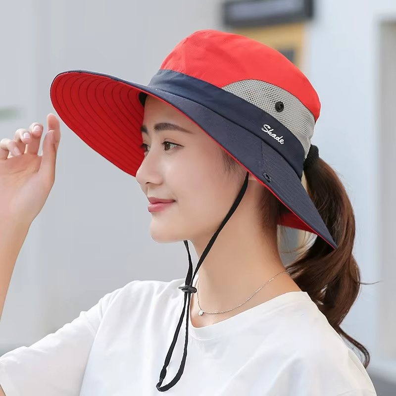 Womens Wide Brim Sun Hat With Ponytail Hole Breathable Waterproof Summer Beach Hat 0