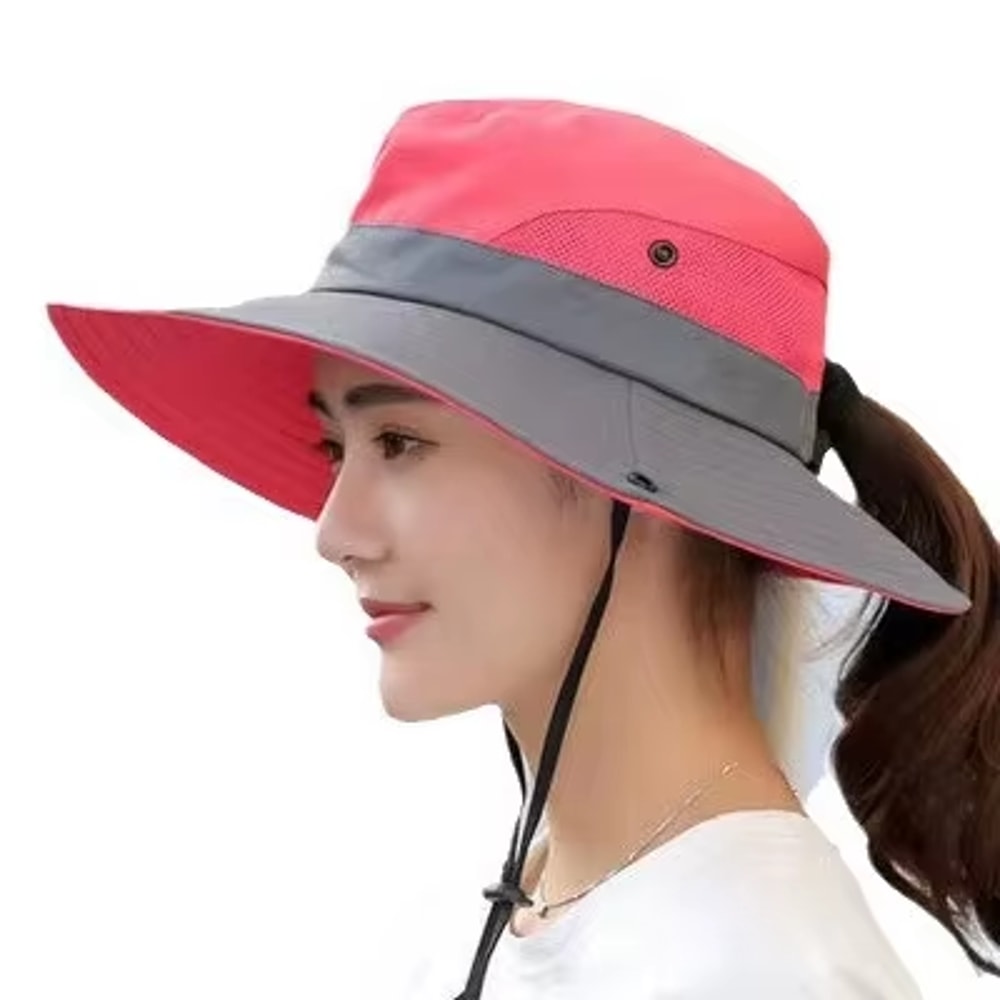 Womens Wide Brim Sun Hat With Ponytail Hole Breathable Waterproof Summer Beach Hat 9