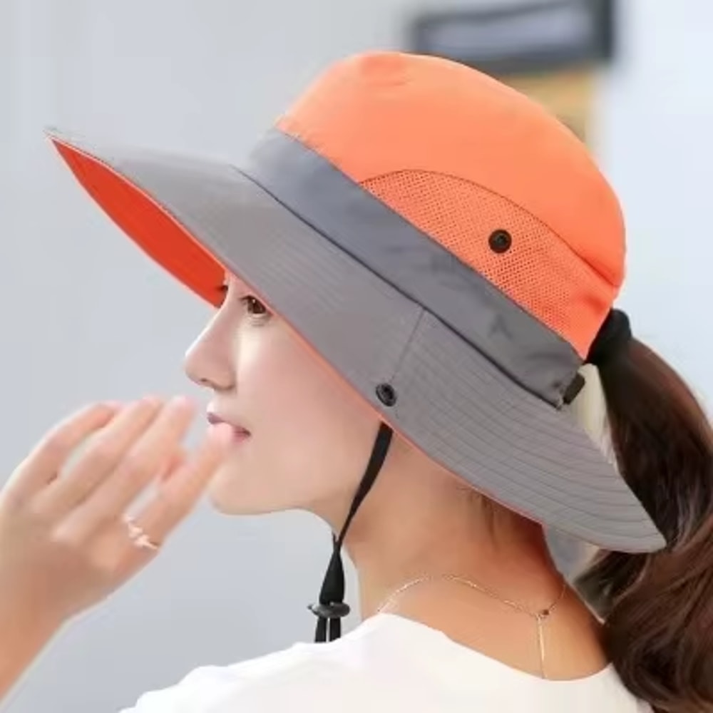 Womens Wide Brim Sun Hat With Ponytail Hole Breathable Waterproof Summer Beach Hat 10