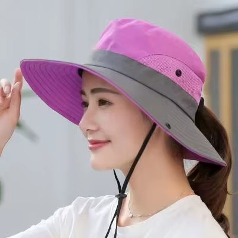 Womens Wide Brim Sun Hat With Ponytail Hole Breathable Waterproof Summer Beach Hat 12
