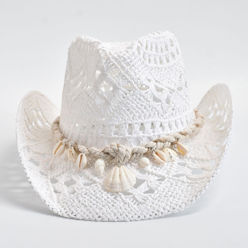 Handwoven Straw Beach Hat for Women Shell Decor Wide Brim Summer Sun Hat