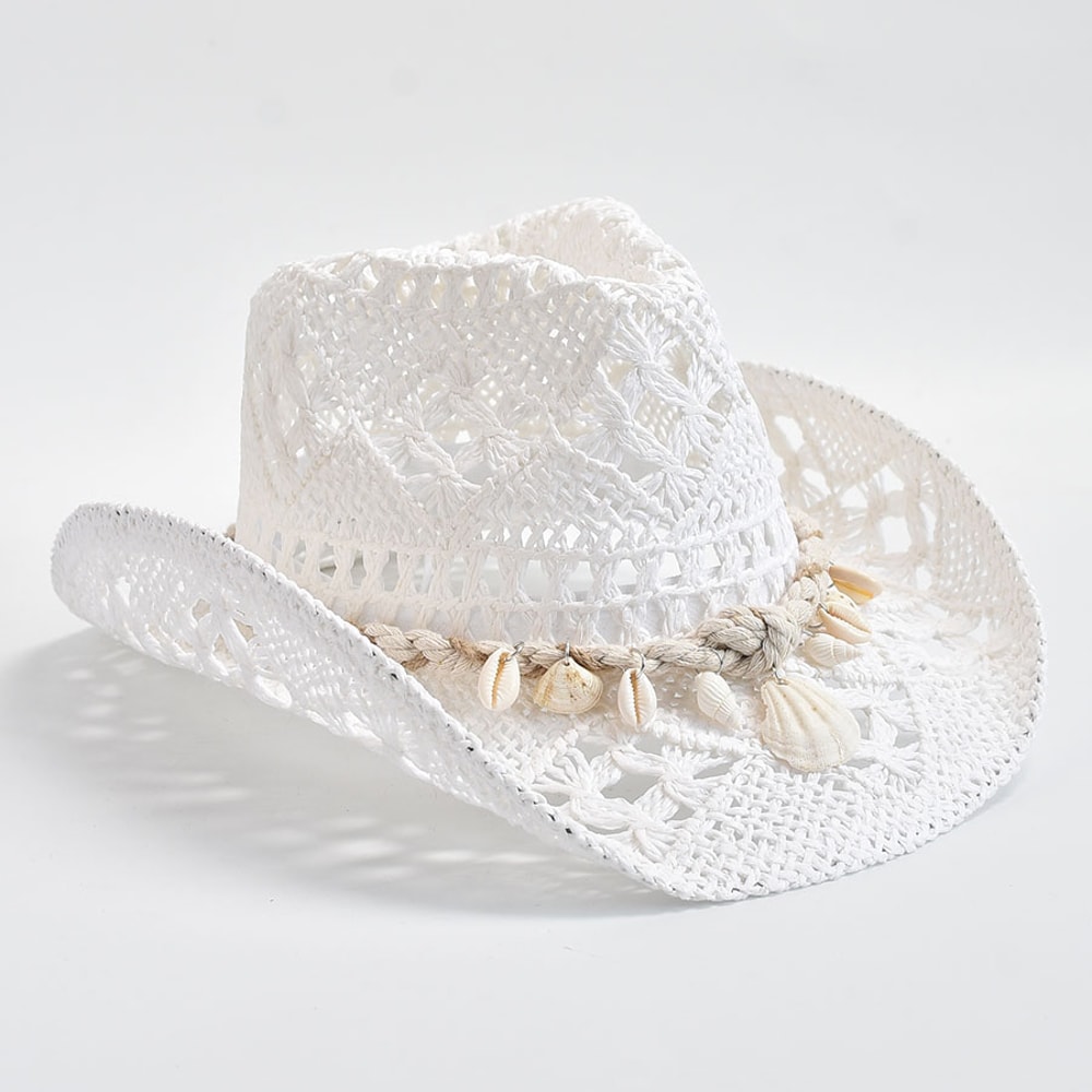 Handwoven Straw Beach Hat for Women Shell Decor Wide Brim Summer Sun Hat