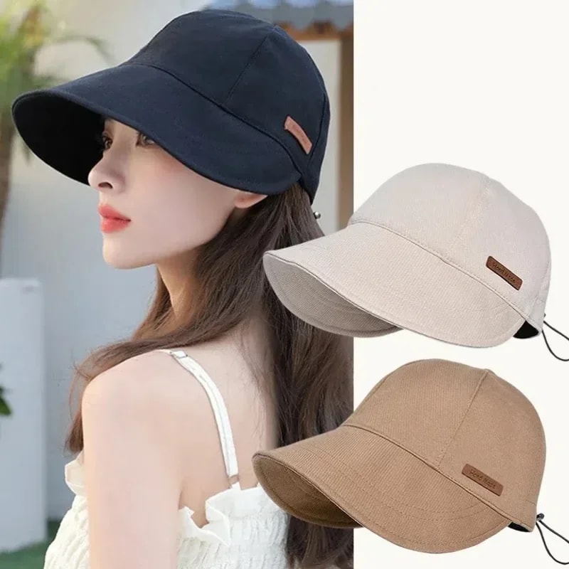 Foldable Wide Brim Sun Hat with UV Protection Adjustable Cotton Beach Hat for Women