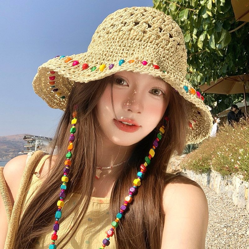 Women Crochet Straw Bucket Hat Beaded Summer Sun Hat For Beach Travel 1