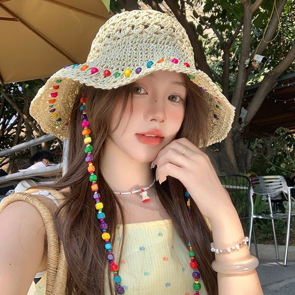 Women Crochet Straw Bucket Hat Beaded Summer Sun Hat For Beach Travel 2
