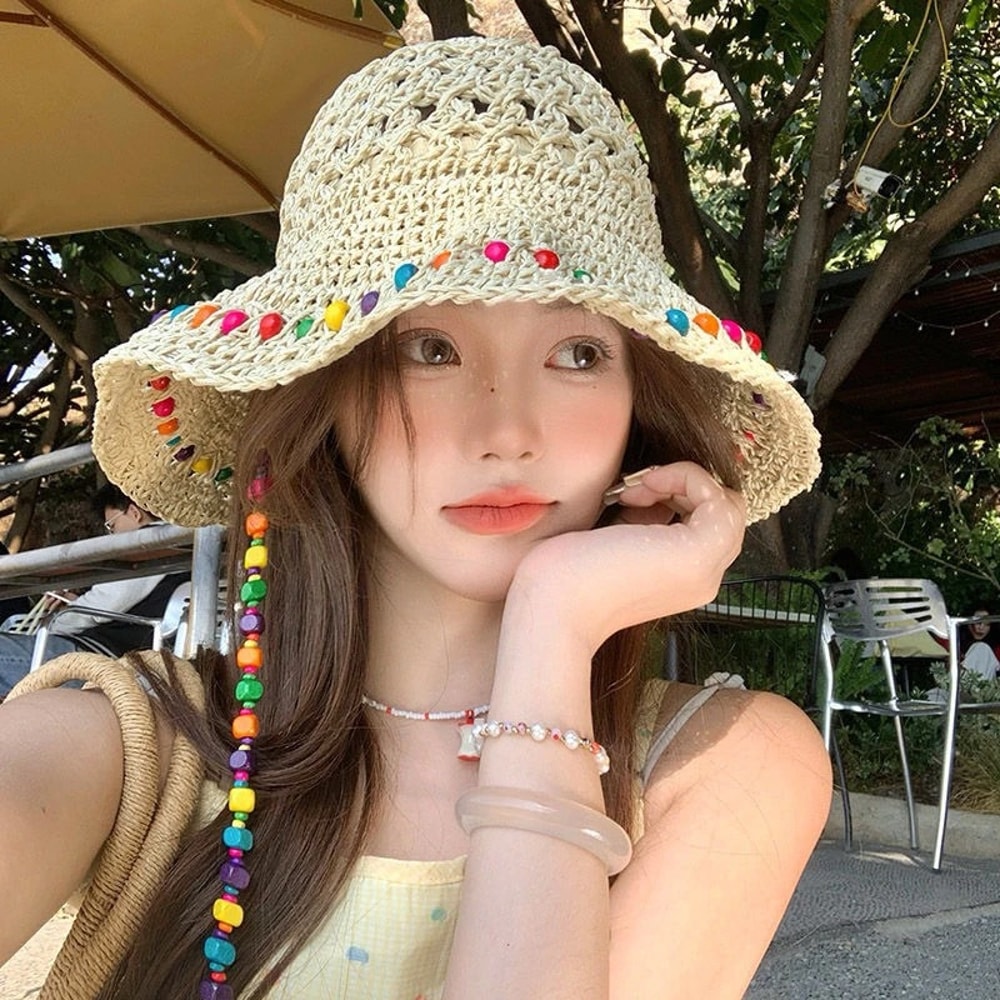Women Crochet Straw Bucket Hat Beaded Summer Sun Hat For Beach Travel 4