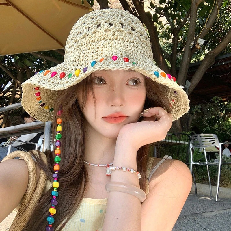 Women Crochet Straw Bucket Hat Beaded Summer Sun Hat For Beach Travel 4