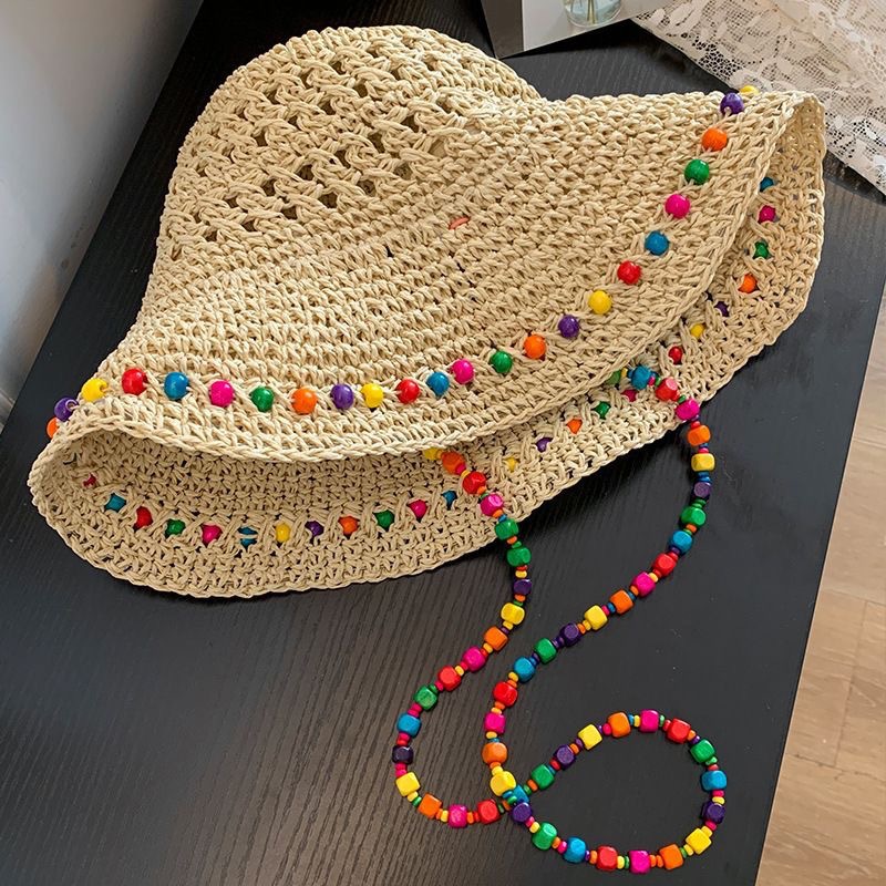Women Crochet Straw Bucket Hat Beaded Summer Sun Hat For Beach Travel 0