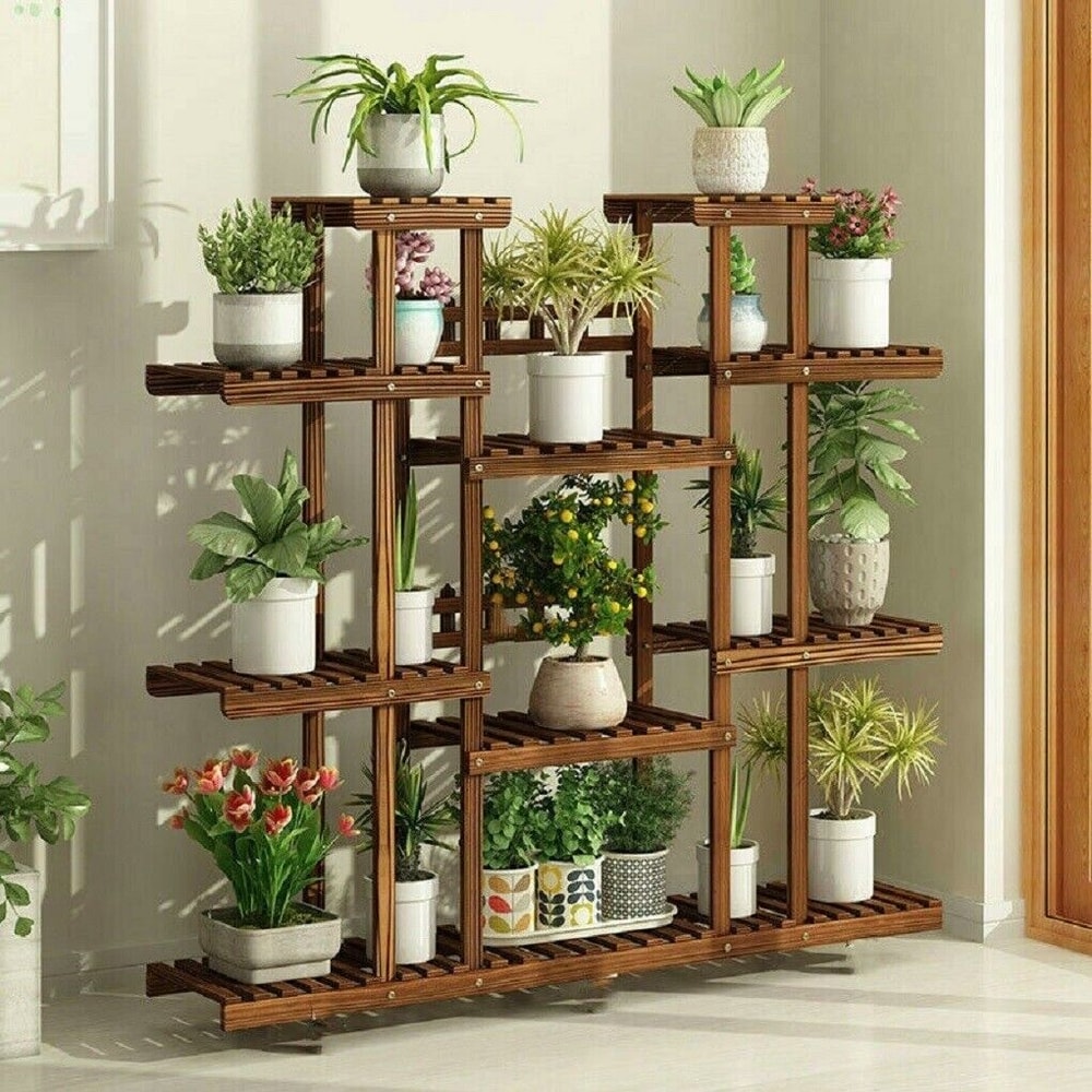 Multi Tier Wooden Plant Stand Indoor Outdoor Natural Pine Plant Shelf Rack 1