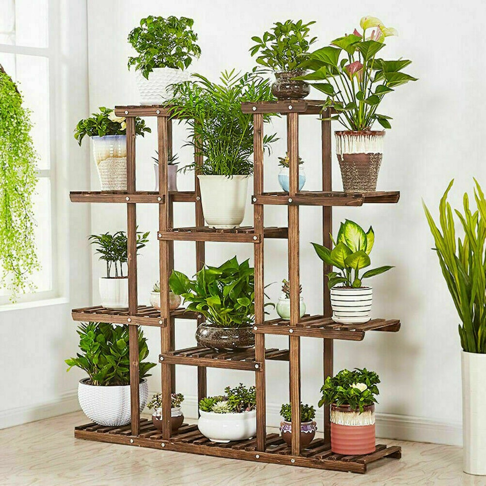 Multi Tier Wooden Plant Stand Indoor Outdoor Natural Pine Plant Shelf Rack 0