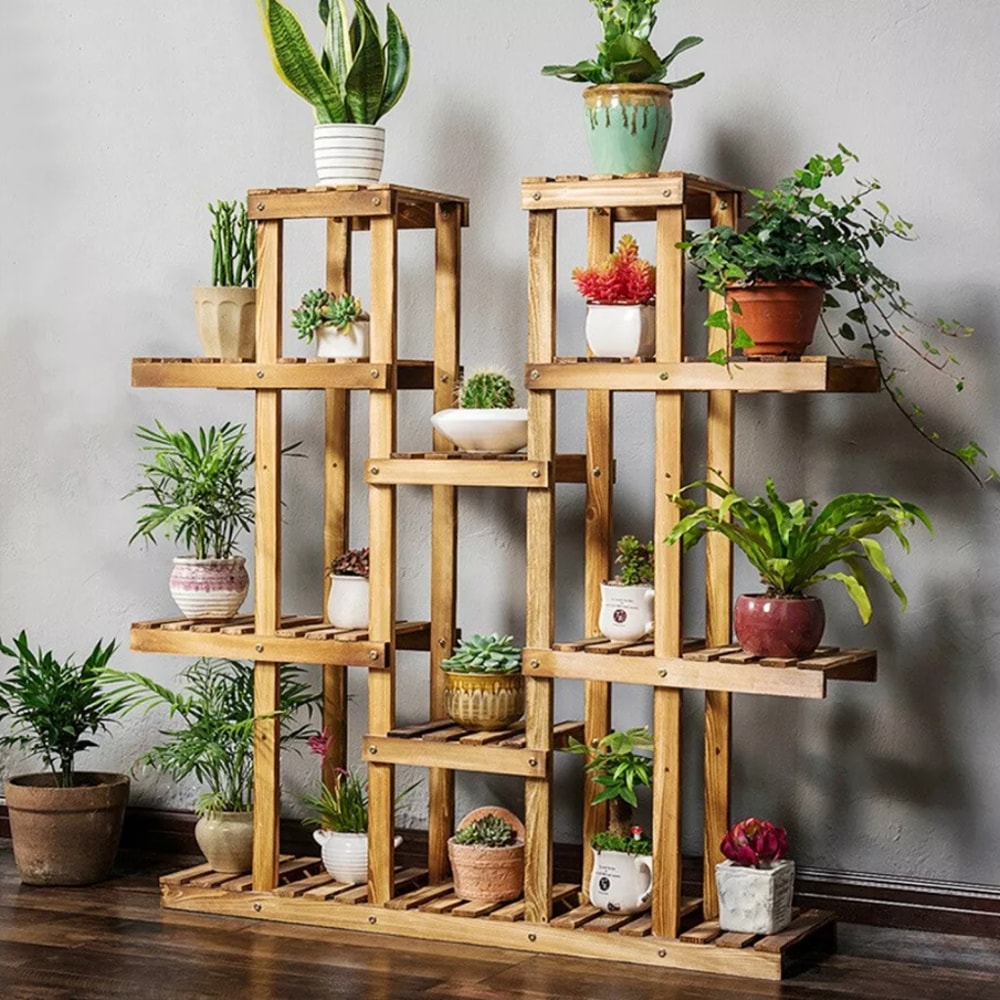 Multi Tier Wooden Plant Stand Indoor Outdoor Natural Pine Plant Shelf Rack 4