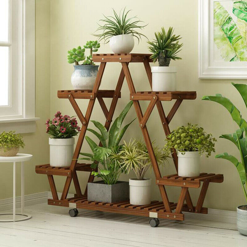 Triangular Wooden Plant Stand With Wheels Carbonized Multi Tier Indoor Outdoor Plant Shelf 1