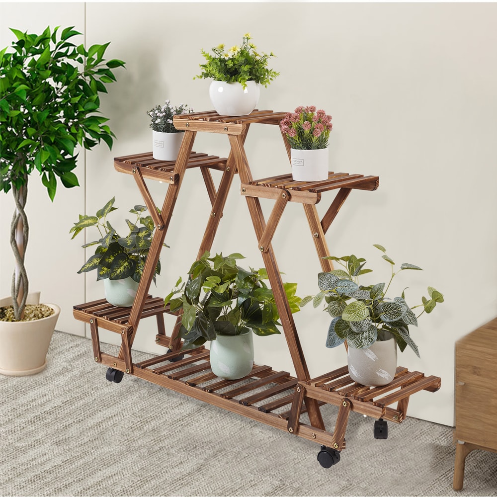Triangular Wooden Plant Stand With Wheels Carbonized Multi Tier Indoor Outdoor Plant Shelf 0
