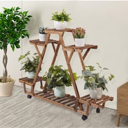 triangular wooden plant stand with wheels carbonized multi tier indoor outdoor plant shelf