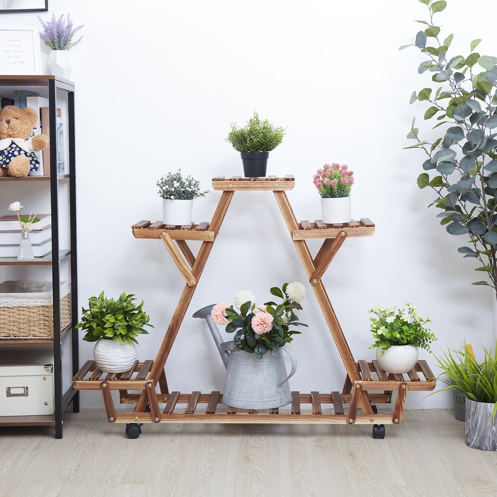 Triangular Wooden Plant Stand With Wheels Carbonized Multi Tier Indoor Outdoor Plant Shelf 2