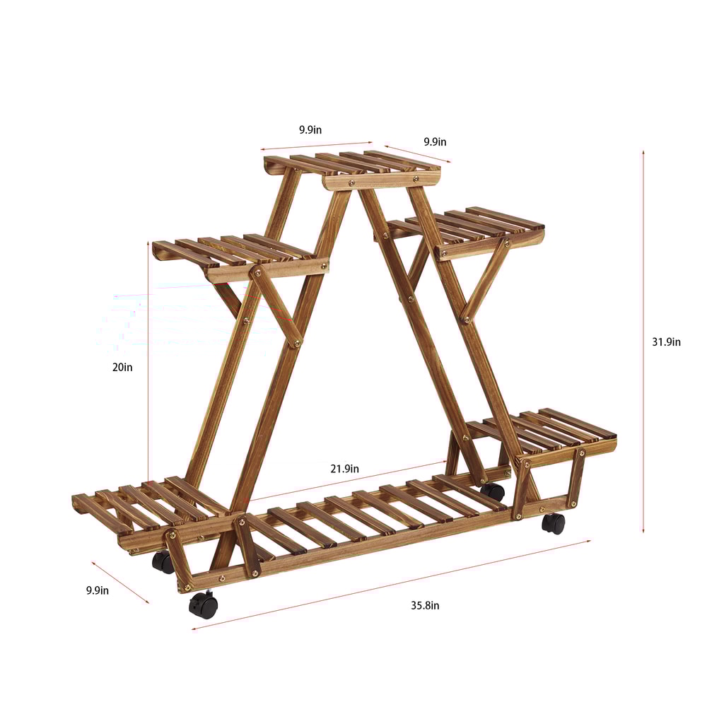 Triangular Wooden Plant Stand With Wheels Carbonized Multi Tier Indoor Outdoor Plant Shelf 4