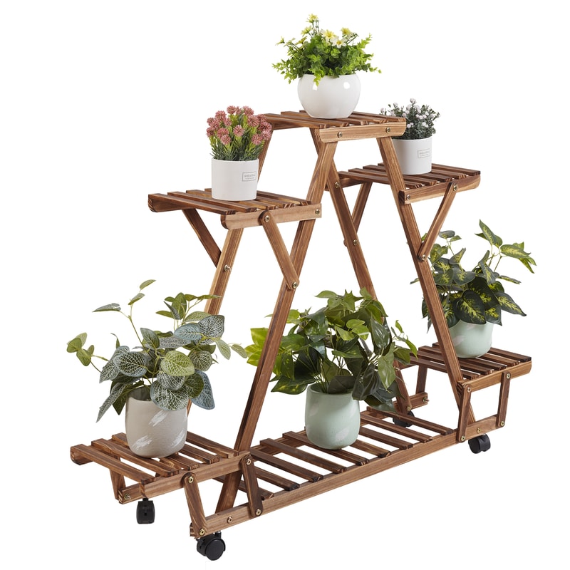 Triangular Wooden Plant Stand With Wheels Carbonized Multi Tier Indoor Outdoor Plant Shelf 5