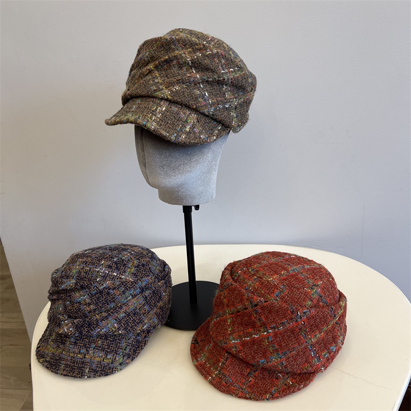 French Tweed Beret Hat Women Winter Warm Literary Style Equestrian Cap 0
