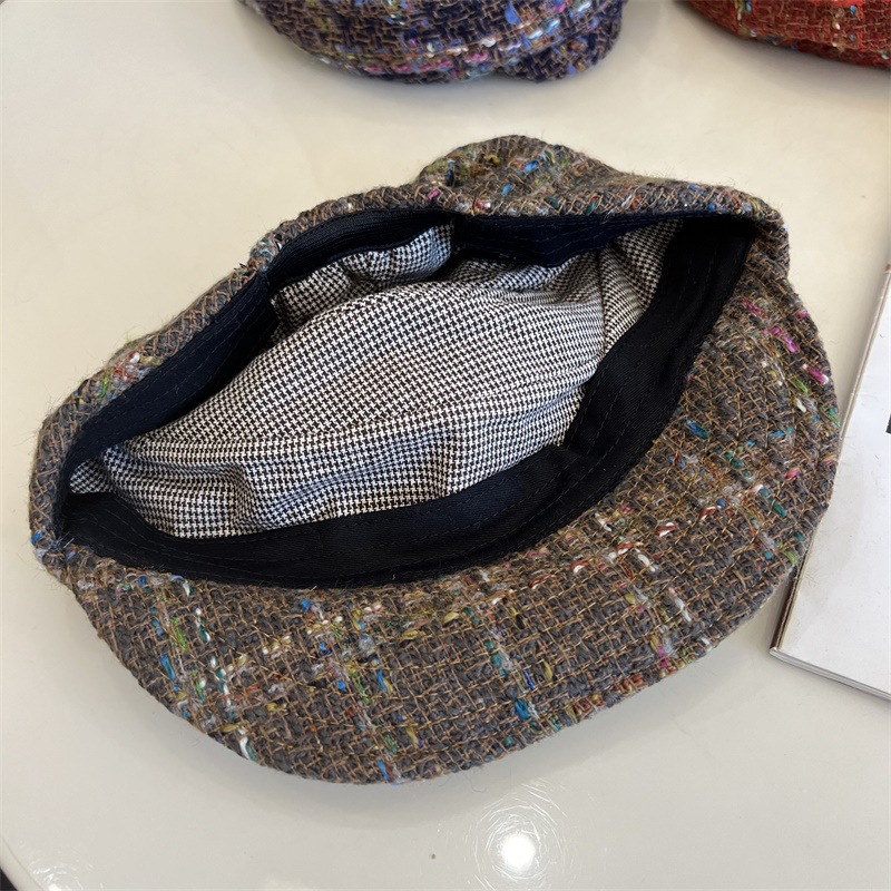 French Tweed Beret Hat Women Winter Warm Literary Style Equestrian Cap 4