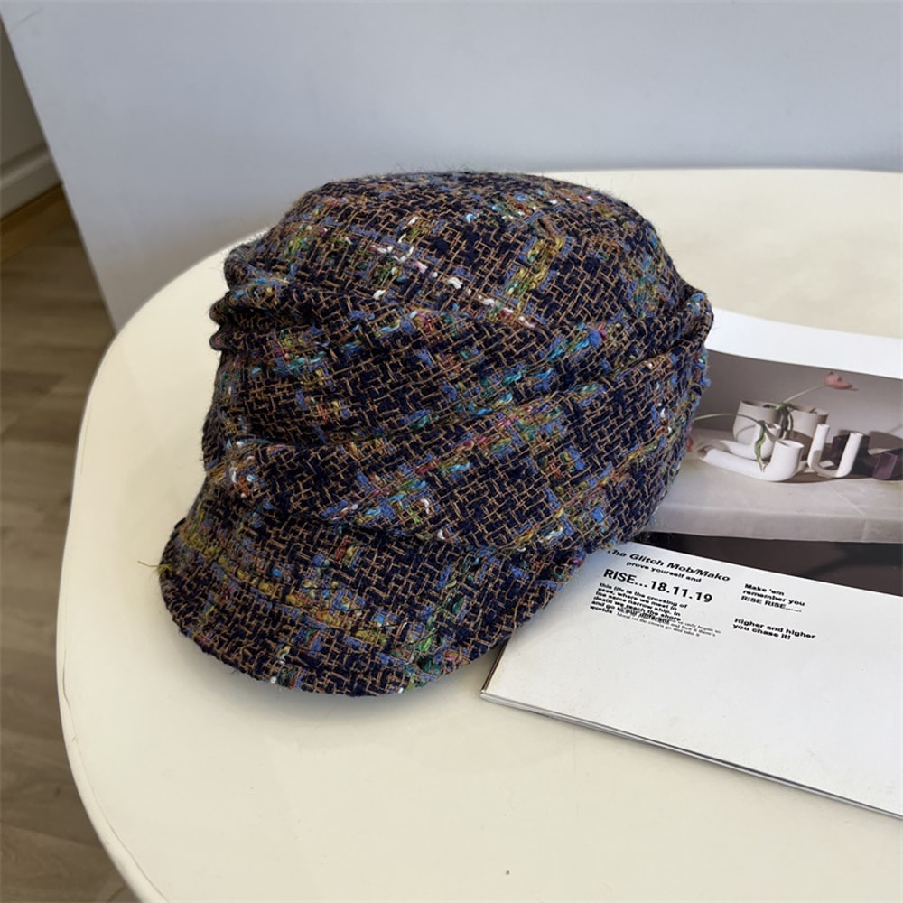 French Tweed Beret Hat Women Winter Warm Literary Style Equestrian Cap 5