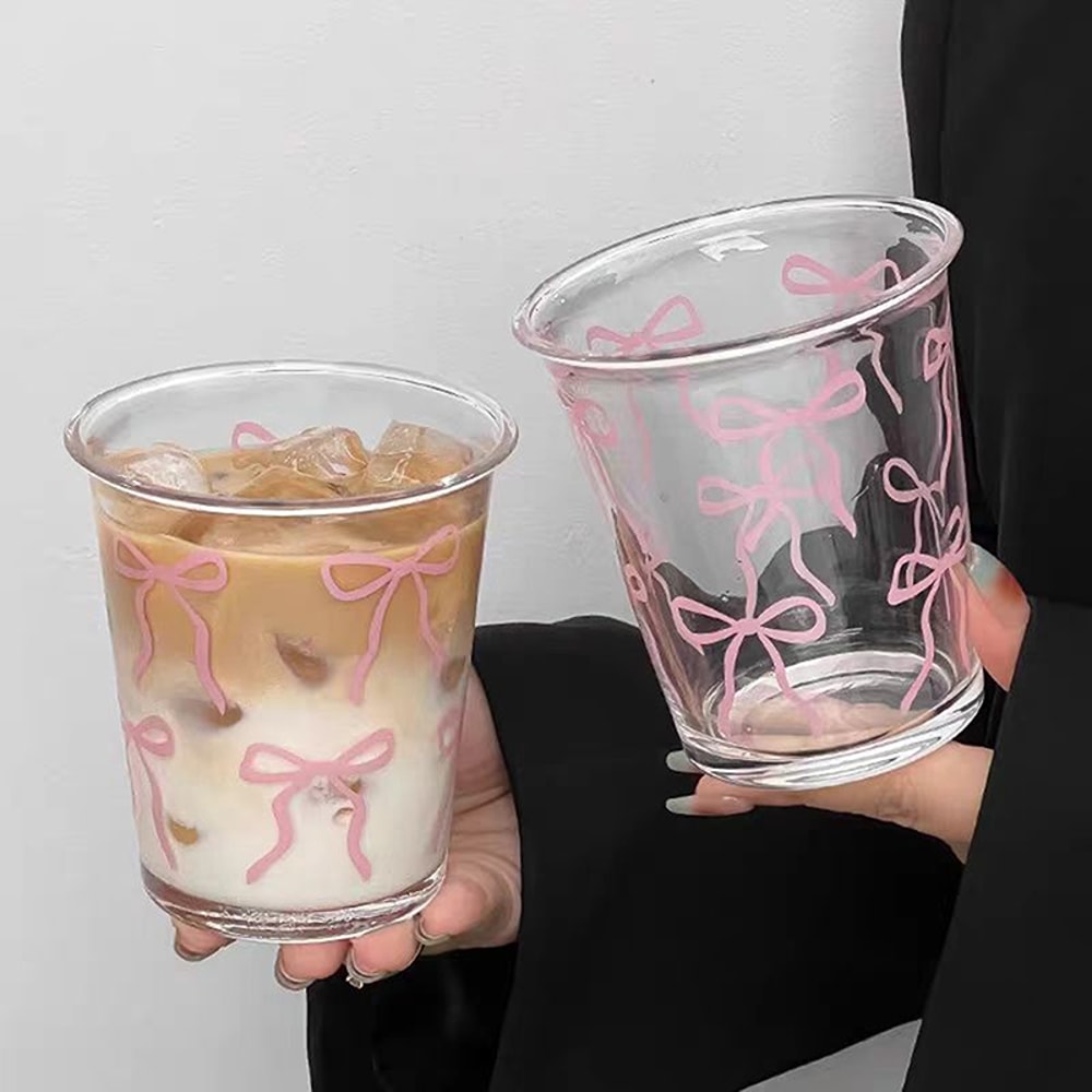 Cute Bow Glass Cup High Borosilicate Coffee Mug Aesthetic Pink Drinkware 0